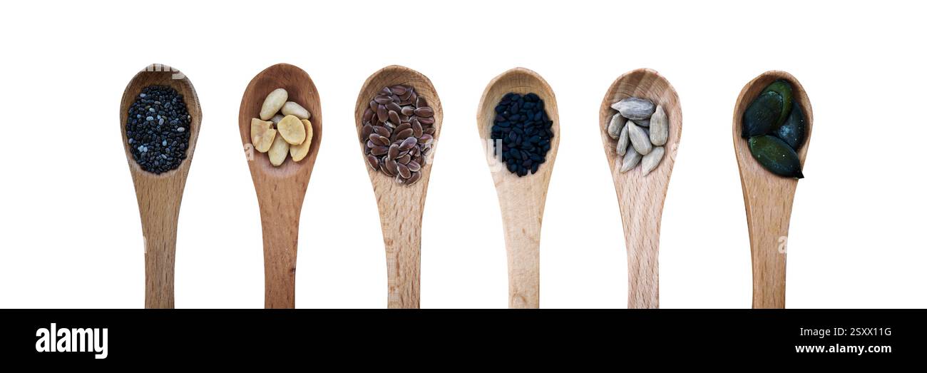 Set von Bio-Samen in Löffeln isoliert auf weißem Panoramahintergrund, gesunde natürliche Nahrung und Ernährungskonzept Stockfoto