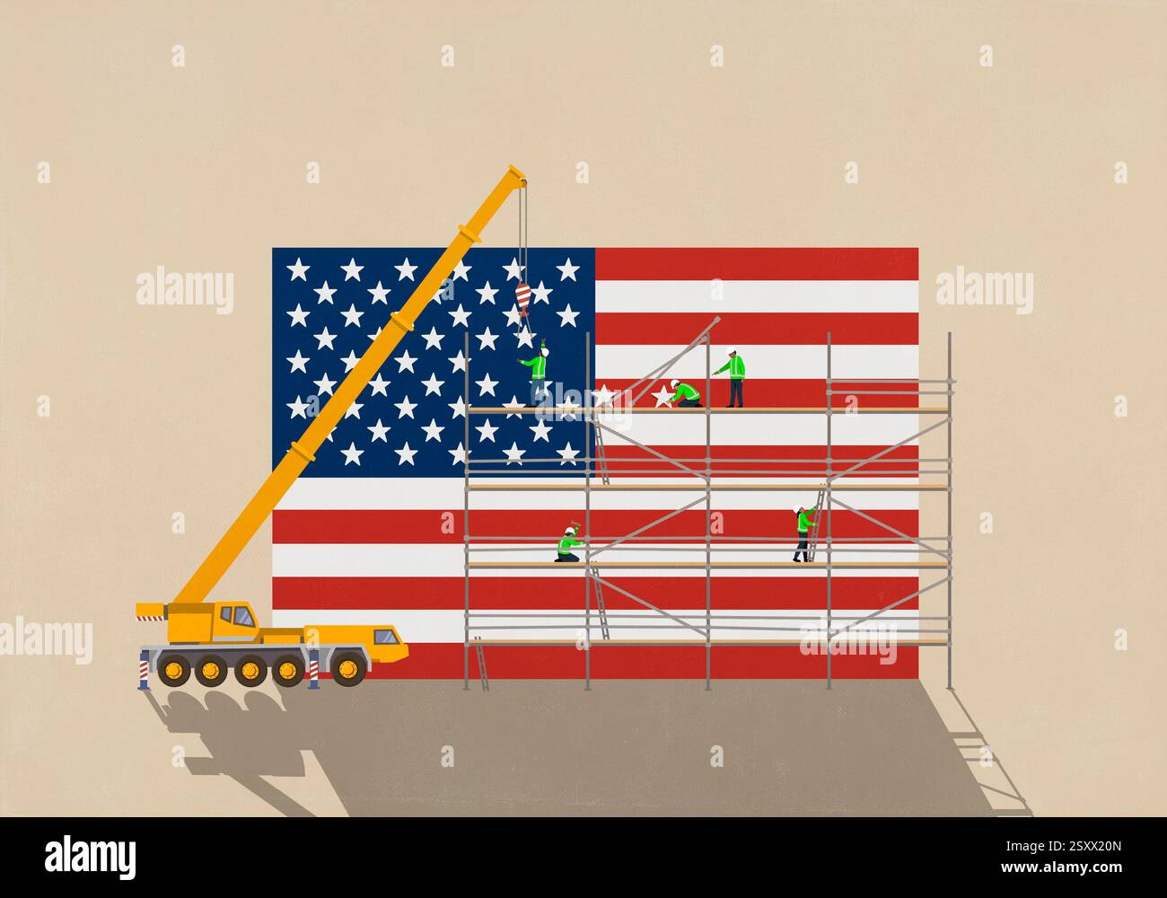Krane und Bauarbeiter auf Gerüsten bewegte Sterne auf amerikanischer Flagge Stockfoto
