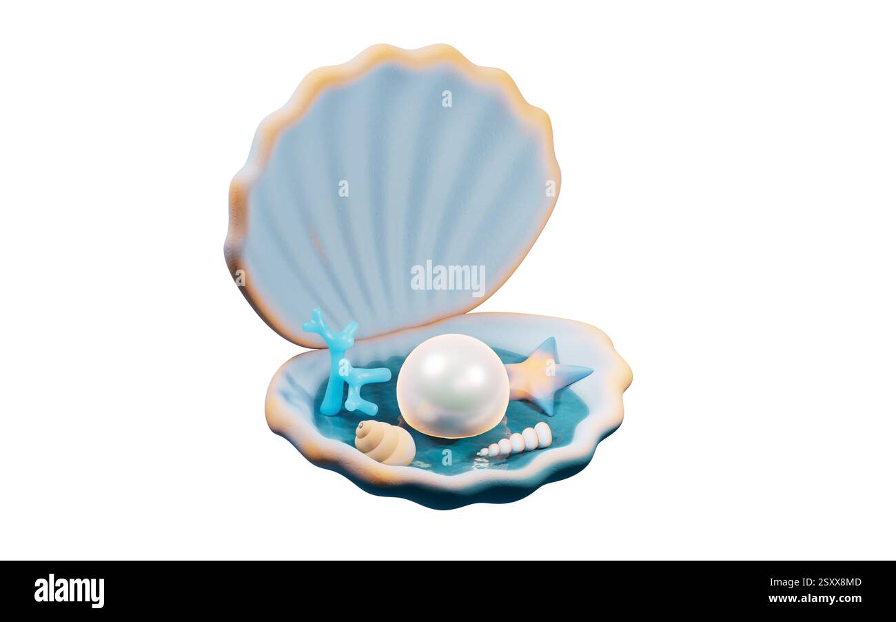 Muschelschale und Perle im Cartoon-Stil, 3D-Rendering. 3D-Abbildung. Stockfoto