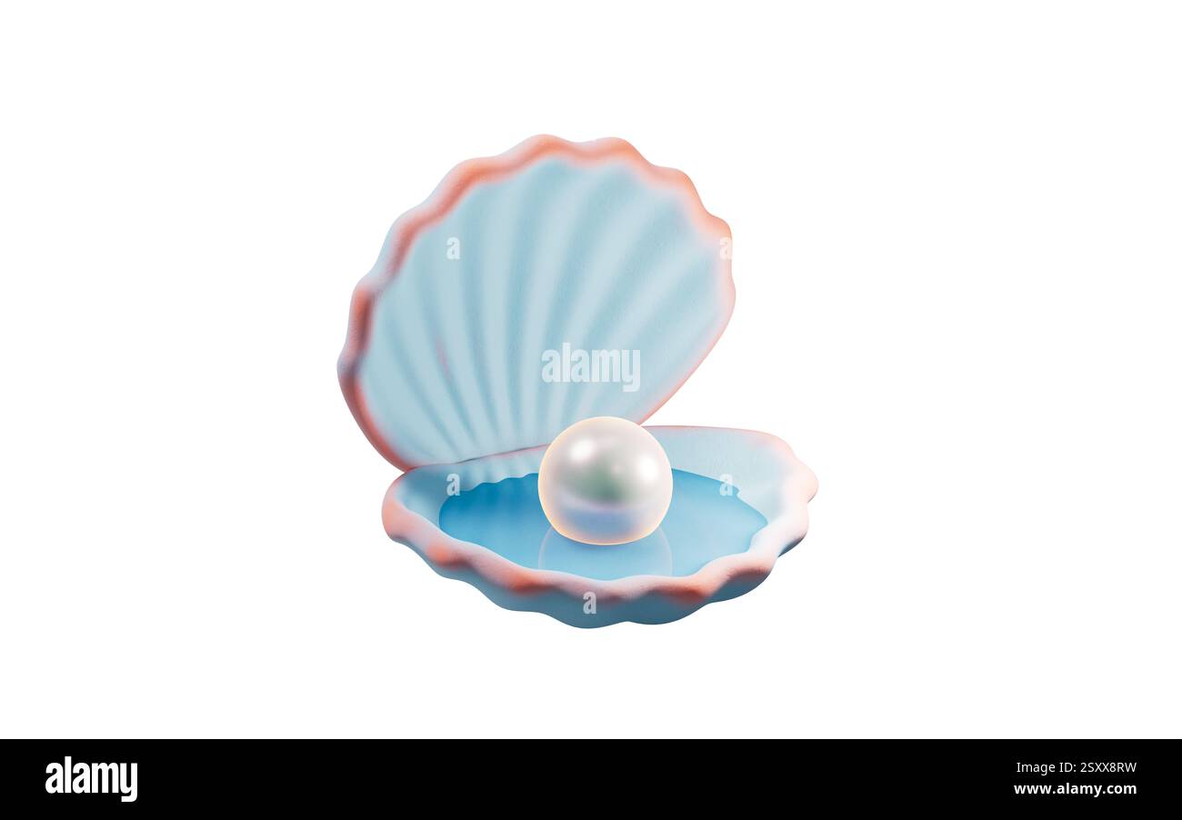 Muschelschale und Perle im Cartoon-Stil, 3D-Rendering. 3D-Abbildung. Stockfoto