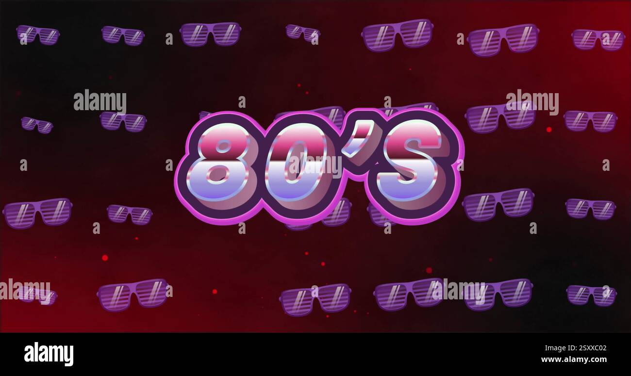Bild des Textes der 80er Jahre über dem Sonnenbrillenmuster auf dunklem Hintergrund Stockfoto
