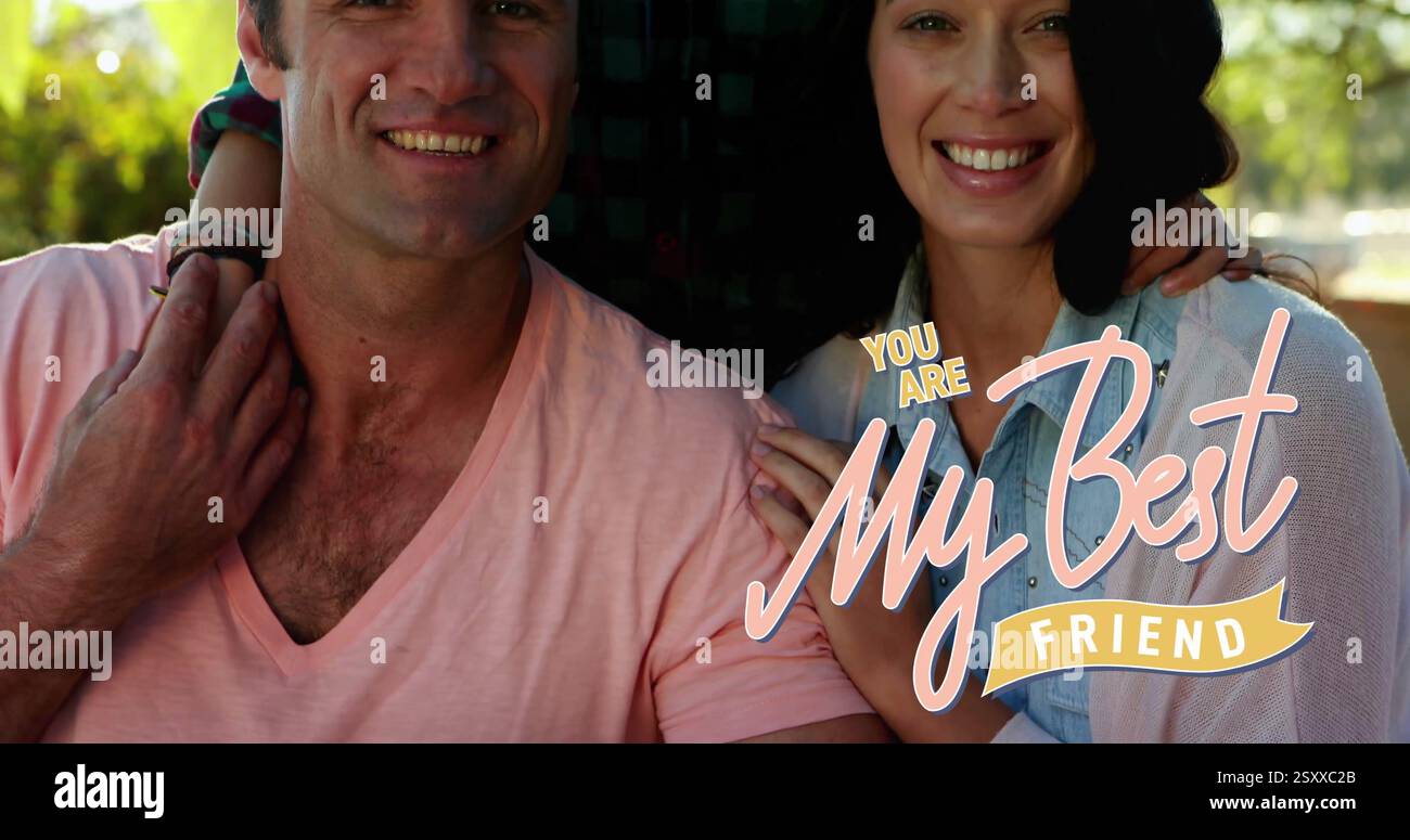 Bild von dir ist mein bester Freund Text über glückliche kaukasische Eltern mit Sohn im Park Stockfoto