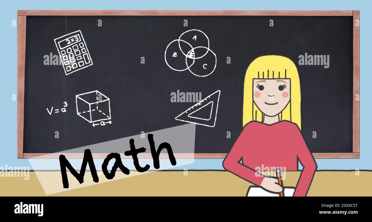 Abbildung von Zeichnungen und mathematischen Texten mit Schulmädchen-Symbol auf schwarzem Brett Stockfoto
