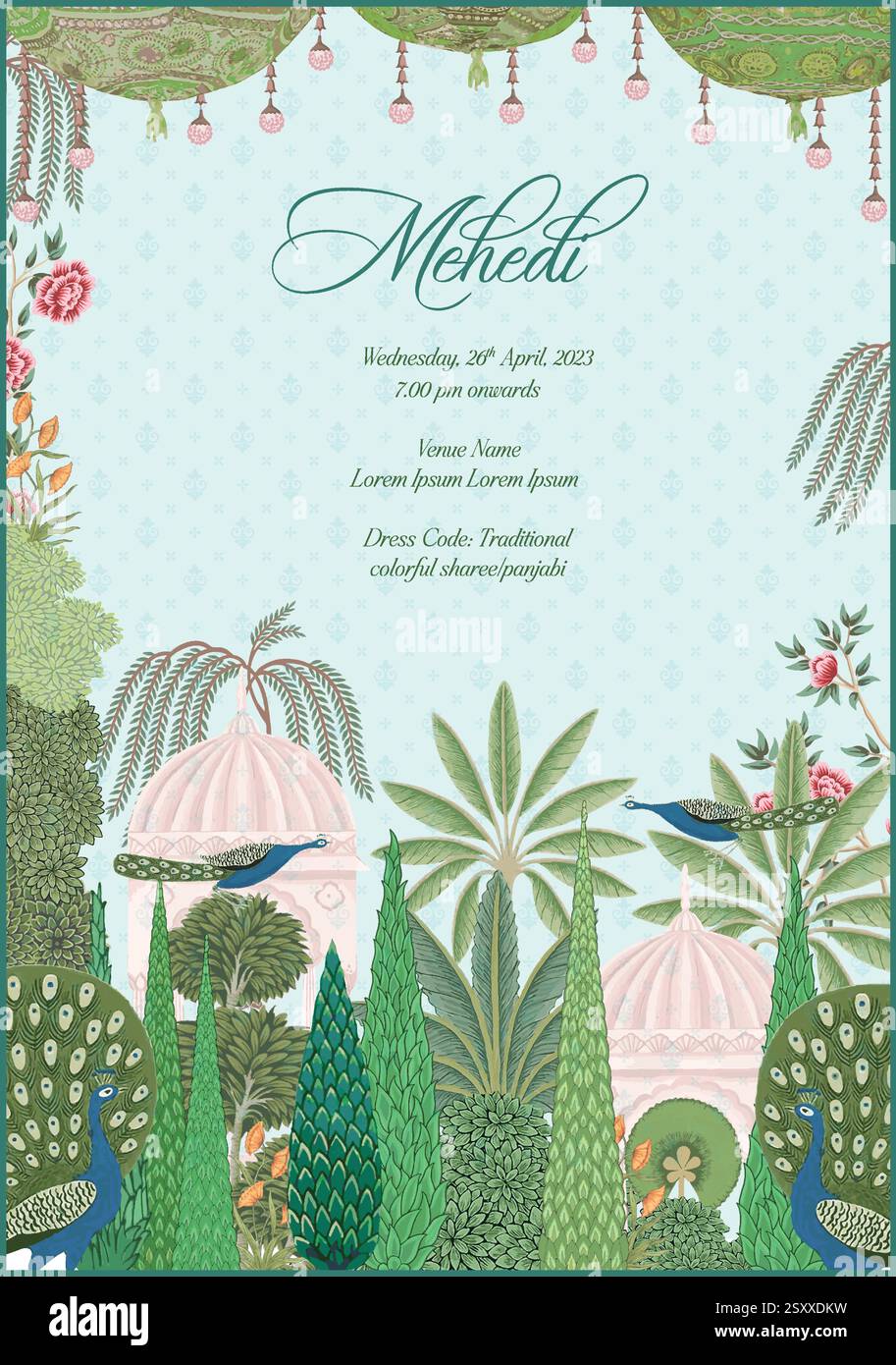 Indischer Mogulmehendi-Einladungskartenentwurf zum Drucken. Kann für Einladungen, Box-Design, Tag-Design, Umschlag-Design und vieles mehr verwendet werden. Stock Vektor