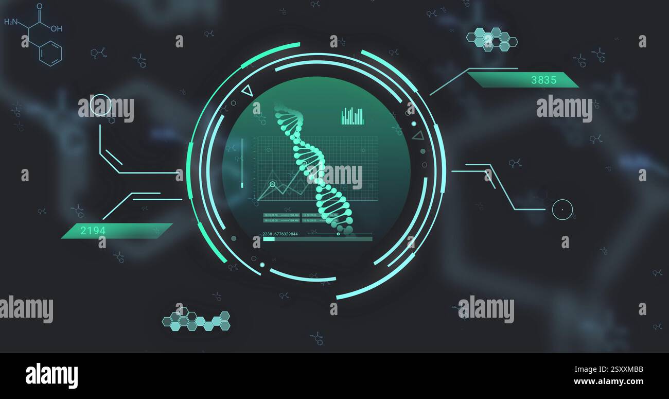 Bild des Netzwerkes von Verbindungen mit dna-Strang über chemischer Formel Stockfoto