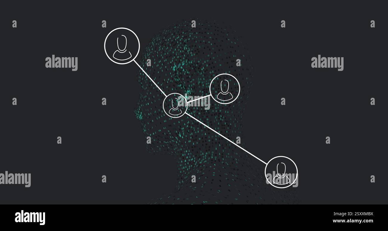 Bild eines Netzwerks von Verbindungen mit Symbolen über digitalem Menschen Stockfoto