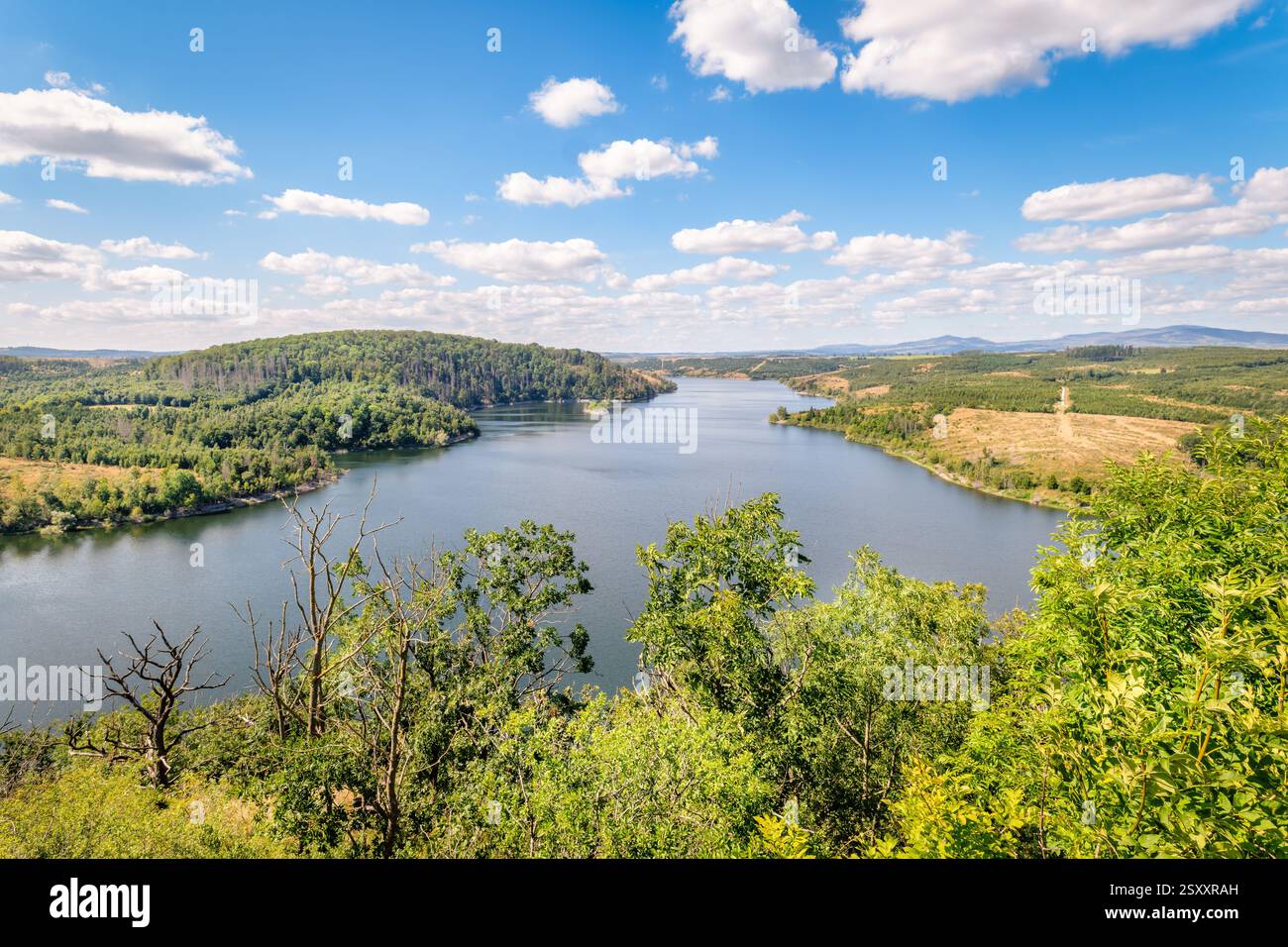 Der Aussichtspunkt Rotestein (Harz, Deutschland) bietet einen schönen Blick über den Rappbode Stausee. Es liegt in der Nähe der Stadt Hasselfelde. Stockfoto