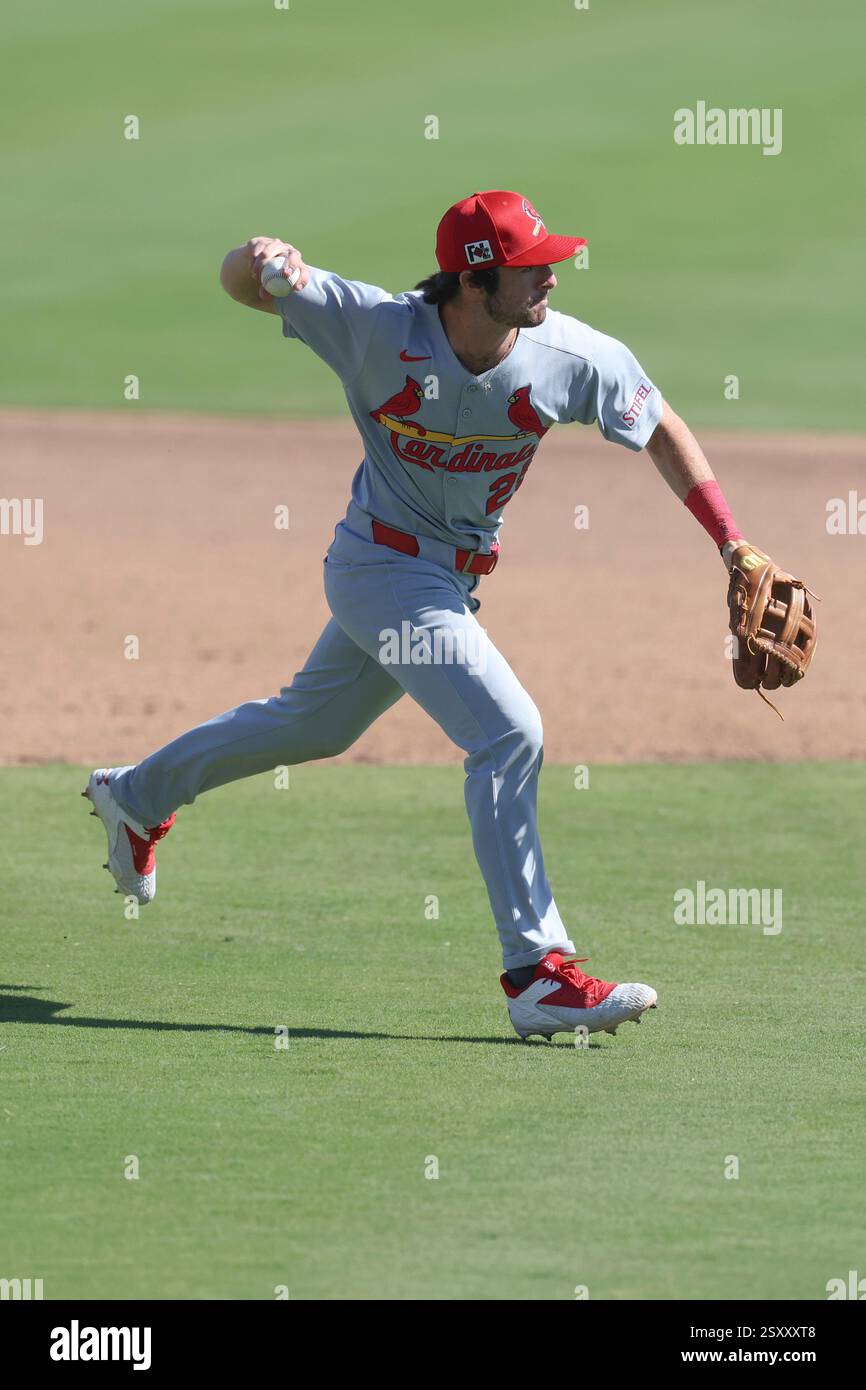 Dunedin, FL: St. Louis Cardinals zweite Basis Thomas Saggese (25) und wirft Toronto Blue Jays zweite Basis will Wagner (7) bei einem MLB Spring Training Spiel am Dienstag, den 25. Februar 2025 im TD Ballpark aus. Die Blue Jays schlugen die Cardinals mit 3:2. (Kim Hukari/Bild des Sports) Stockfoto