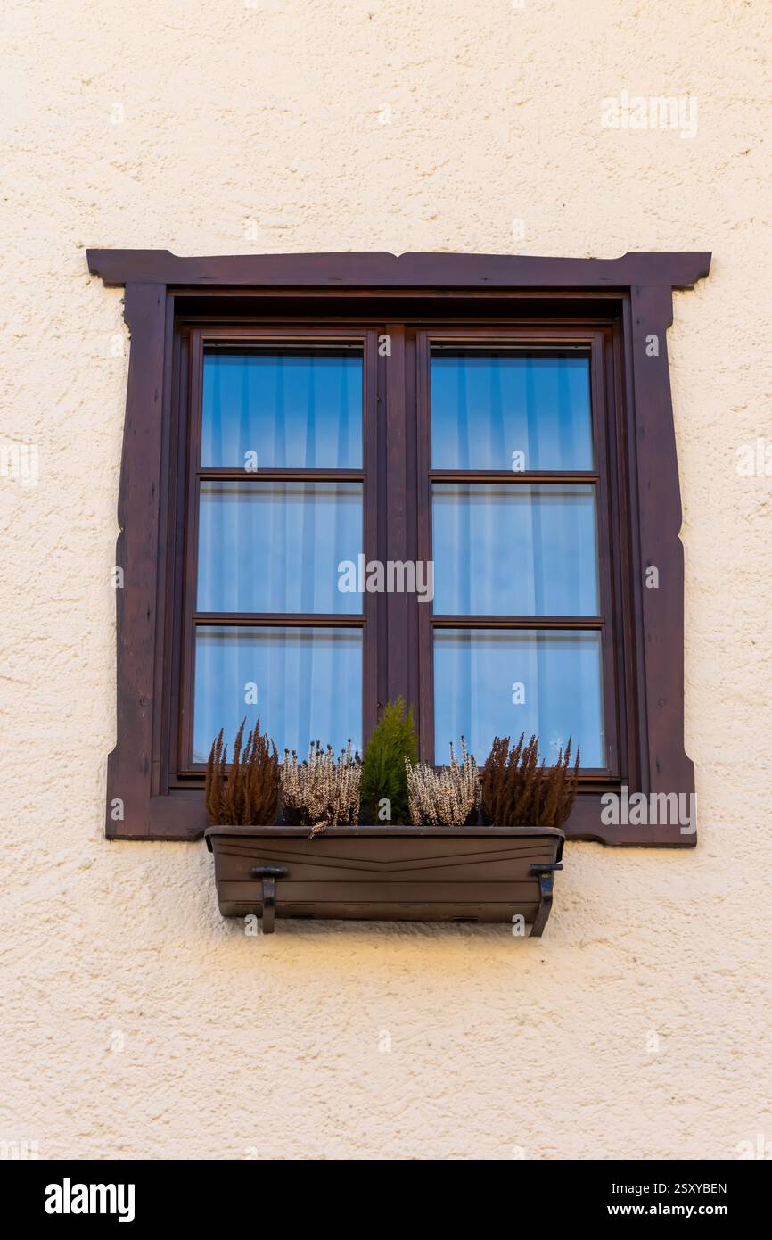 Klassische Fassade mit dunklem Holzfenster - eine harmonische Kombination aus dunklem Holz und beigefarbenen Wänden im alten europäischen Stil Stockfoto