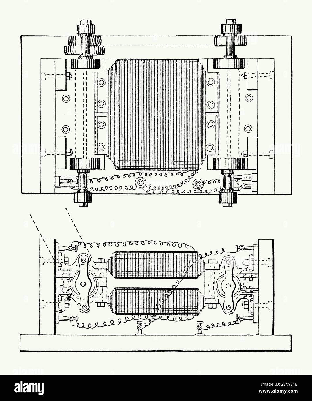 Eine alte Gravur einer magnetoelektrischen Maschine von William Ladd and Co, London, England, Großbritannien in den 1800er Jahren Es stammt aus einem viktorianischen Maschinenbaubuch der 1880er Jahre Die elektrischen Ströme, die durch die Drehung des Ankers erzeugt werden, werden durch den Kommutator in den um zwei Eisenplatten gewickelten Draht geleitet, wodurch ihr Magnetismus verstärkt wird. Der Strom hat mit der schnellen Drehung des Ankers schnell seine Festigkeit erreicht. William Ladd (1815–1885) stellte Mikroskope und andere wissenschaftliche Instrumente her. Ladd war auch für seine bahnbrechenden Entwicklungen im Bereich Elektrizität bekannt. Stockfoto