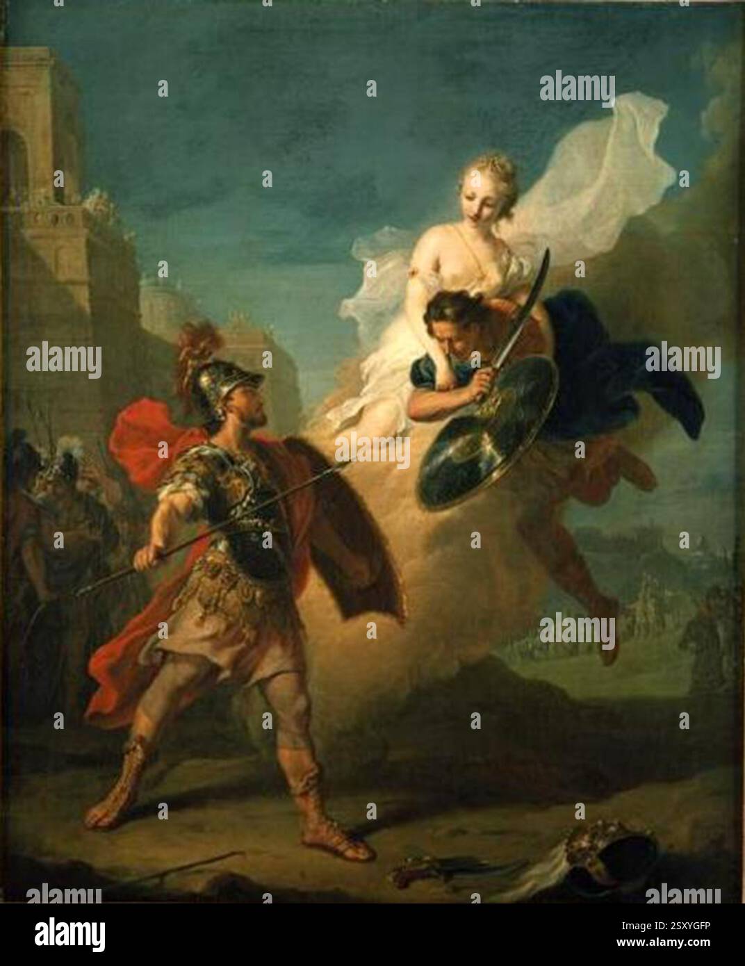 Menelaus und Paris – Johann Heinrich Tischbein der ältere (1722–1789) – Menelaus war der König von Sparta, dessen Frau Helen vom Trojanischen Fürsten Paris entführt wurde. Dieser Akt führte zum Trojanischen Krieg. Zu Beginn des Krieges wurde vorgeschlagen, die Kämpfe durch ein Duell zwischen Menelaus und Paris zu beenden, obwohl Paris die Idee zunächst ablehnte. Das Gemälde Menelaus und Paris zeigt das Duell, das schließlich stattfand, aber als Menelaus die Oberhand gewann, intervenierte die Göttin Aphrodite und verhinderte, dass ihr bevorzugter Held Paris Schaden zufügte. Stockfoto