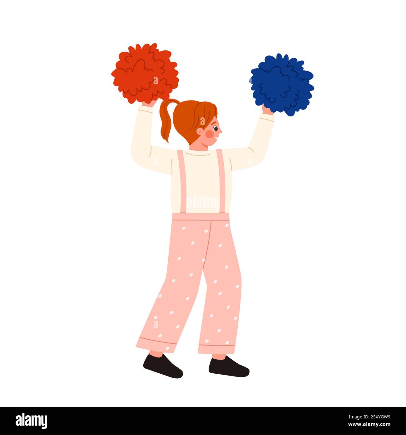 Eine lebendige und lebendige Zeichentrickfigur, die mit leuchtend roten und blauen Pompons begeistert anfeuert Stock Vektor