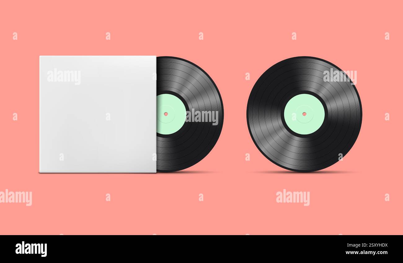 Realistische Vintage-Schallplatten mit Etikett und Schatten, in Box und separat, isoliert auf weißem Hintergrund. Vektor-3D-Illustration. Stock Vektor