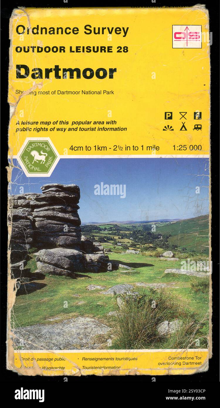 Vintage Ordnance Survey Map Dartmoor, Outdoor Leisure Series, Blatt 28, zeigt den größten Teil des Dartmoor National Park, Veröffentlichungsdatum 1995, Devon, Großbritannien Stockfoto