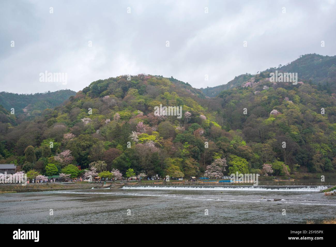 Touristen an der Togetsu-kyo-Brücke, einer Holzbrücke, die den Katsura-Fluss vor den Arashiyama-Bergen in Kyoto, Japan überspannt. Stockfoto