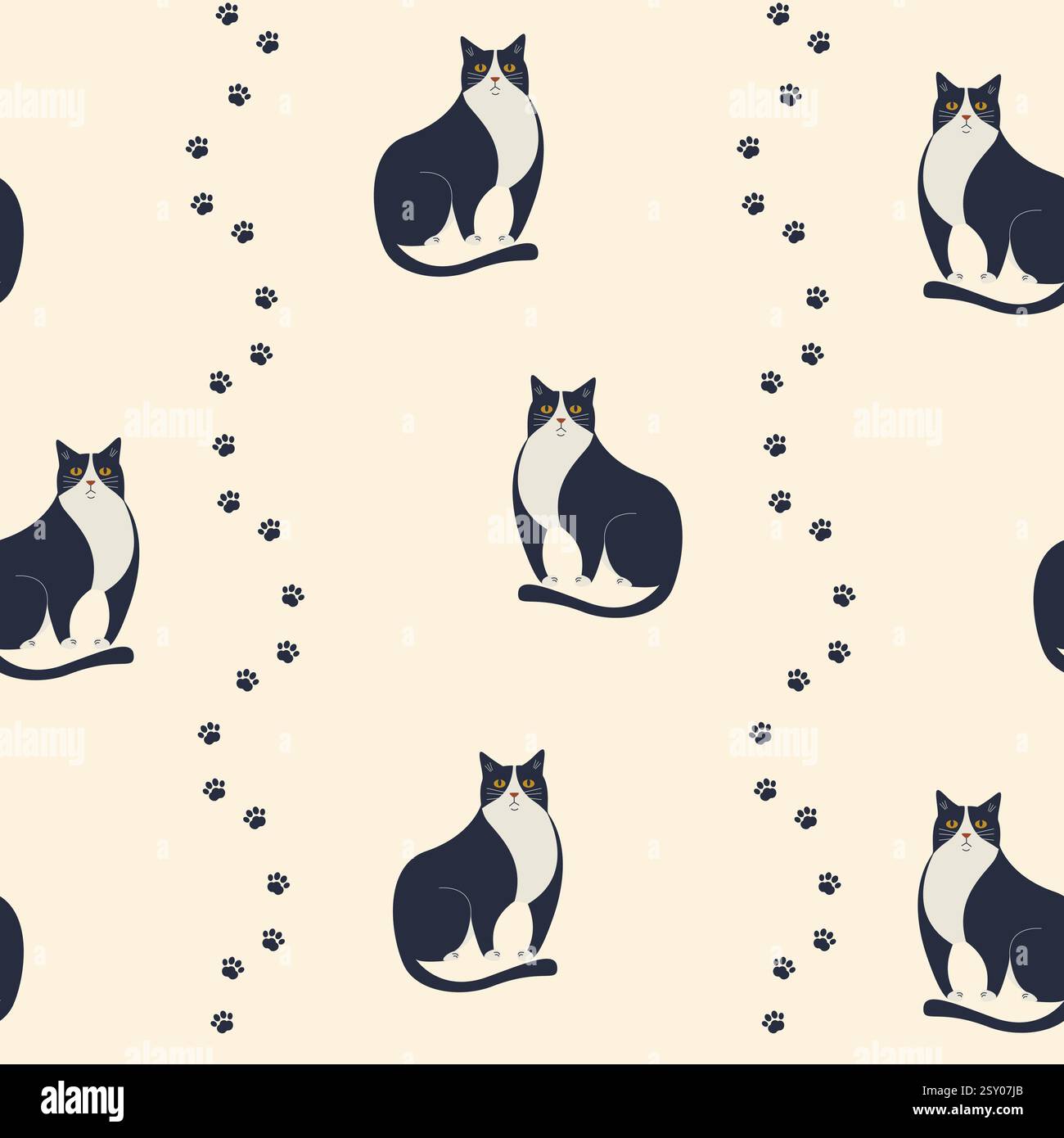 Vektor-Illustration mit niedlichem Karikaturkatzenmuster. Hintergrund in Pastellfarben und Wiederholung der schwarzen Katze. Niedliches, einfaches Design zum Einpacken Stock Vektor