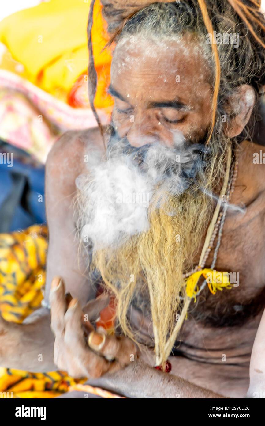 naga Sadhu mit heiligem Chillum-Rauch während des Mahakumbh-Festivals Stockfoto