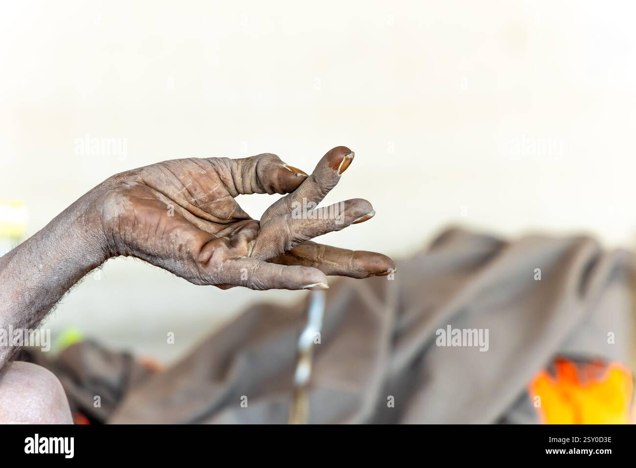 Spirituelle hindunaga heilige Hand-Mantra-Meditation bei Mahakumbh Mela Stockfoto