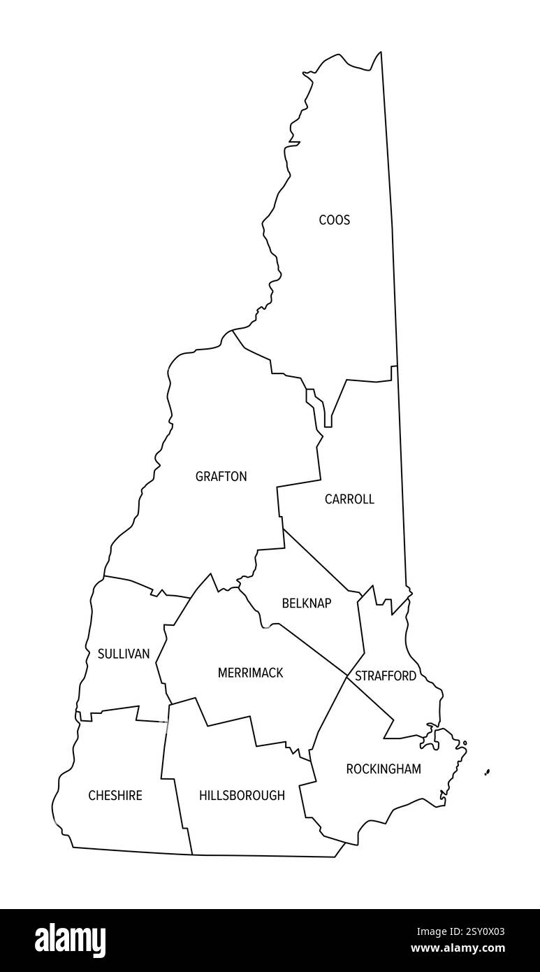 Bundesstaat New Hampshire unterteilt in 10 Countys, Umrisskarte. Bundesstaat in der Region New England im Nordosten der Vereinigten Staaten. Stockfoto