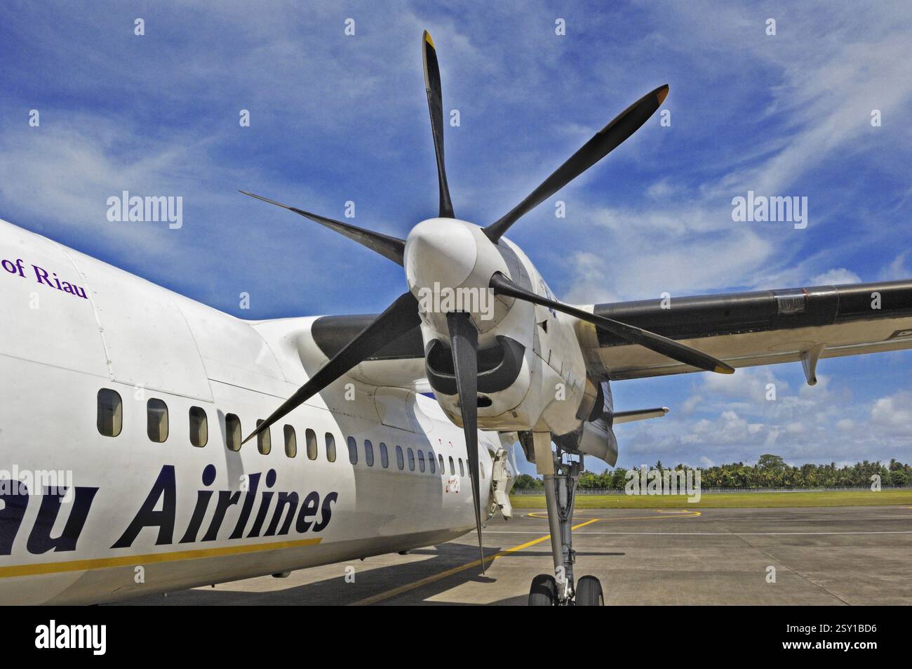 Propellerflugzeug, Propellerjet Fokker 50, ehemalige Riau Airlines, am Flughafen Labuan Bajo, Flores Island, Indonesien, Asien Stockfoto