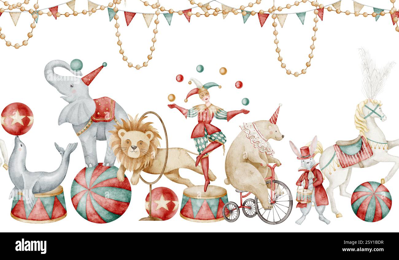 Nahtlose Aquarellfarbe Circus Border Illustration mit Darstellern und Karnevalstieren. Zeichnung eines Musters mit Elefant, Bär und Clown für kindliche Grußkarten oder Babypartyeinladungen. Stockfoto