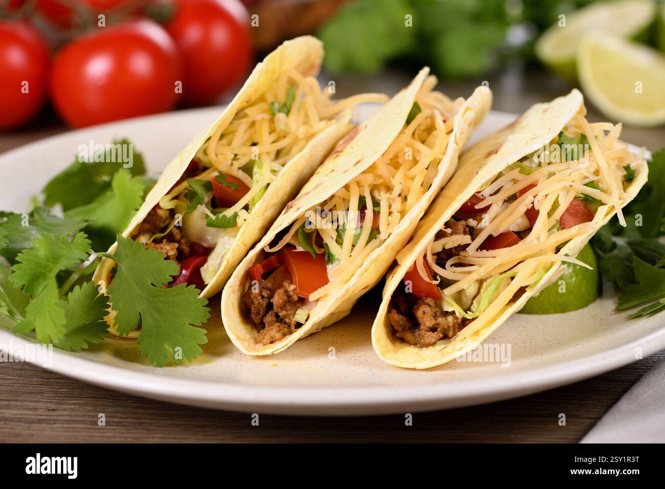 Taco mit Hackfleisch und Avocado, Kohl und Käse. Mexikanische Küche. Stockfoto