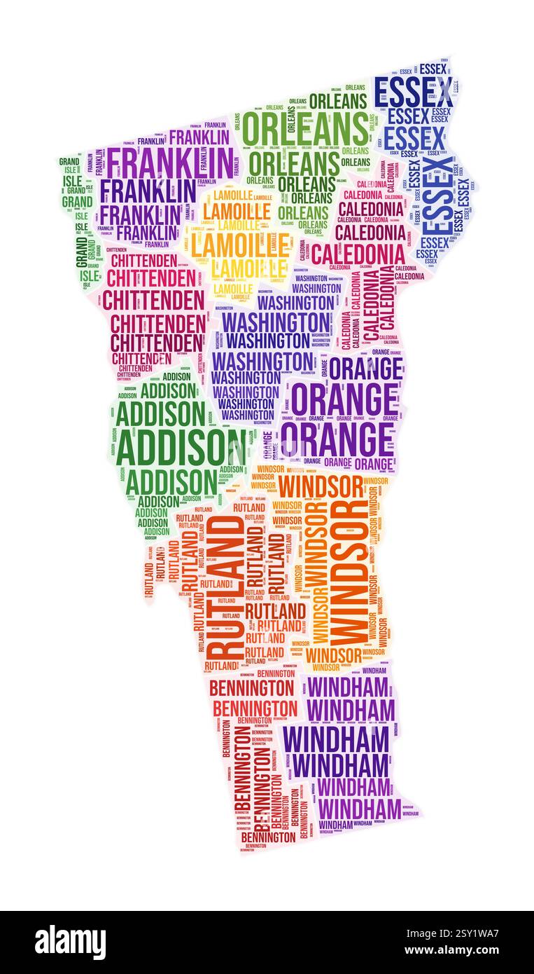 Vermont County Wortwolke. State Shape Design. Farbige Illustration in Vermont. Collage-Wolke für County-Namen. Vektorabbildung. Stock Vektor