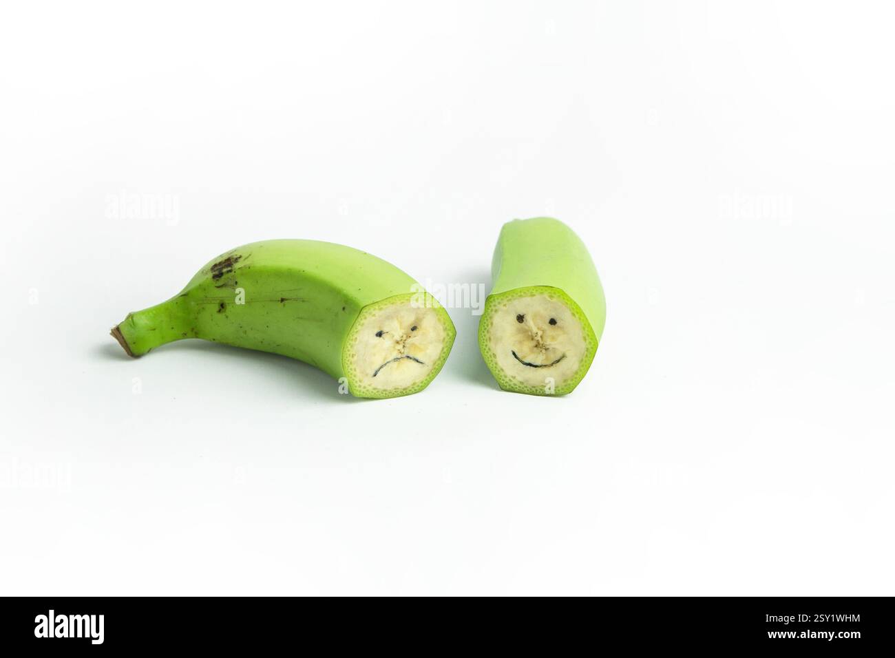 Ein Strang grüner Bananen ist auf weißem Hintergrund gestapelt und zeigt eine Nahaufnahme der unreifen Früchte Stockfoto