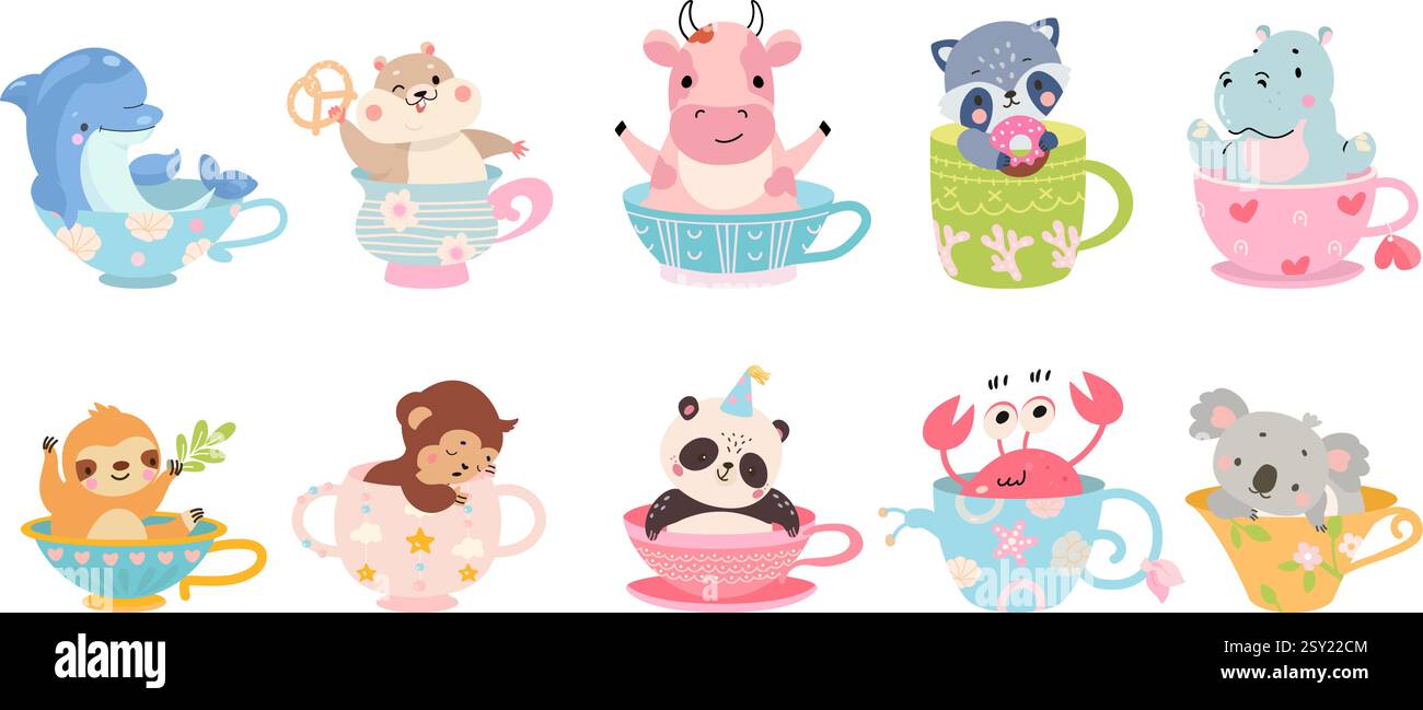 Tiere, die in Tassen sitzen. Ein anderes Tier, das aus Bechern aussieht. Cartoon positiver Hamster und Delfin, schlafender Affe, Geburtstagspananda, heute Vektor-Set Stock Vektor