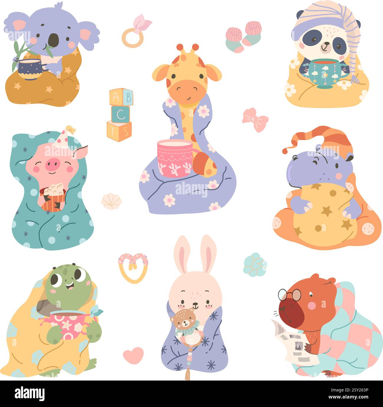 Zeichentricktiere in Decken. Wilde Tiere in warme Decke und heißen Tee oder Kakao trinken. Koala Giraffe Hippo Panda mit Plaids, heute Vektor Stock Vektor