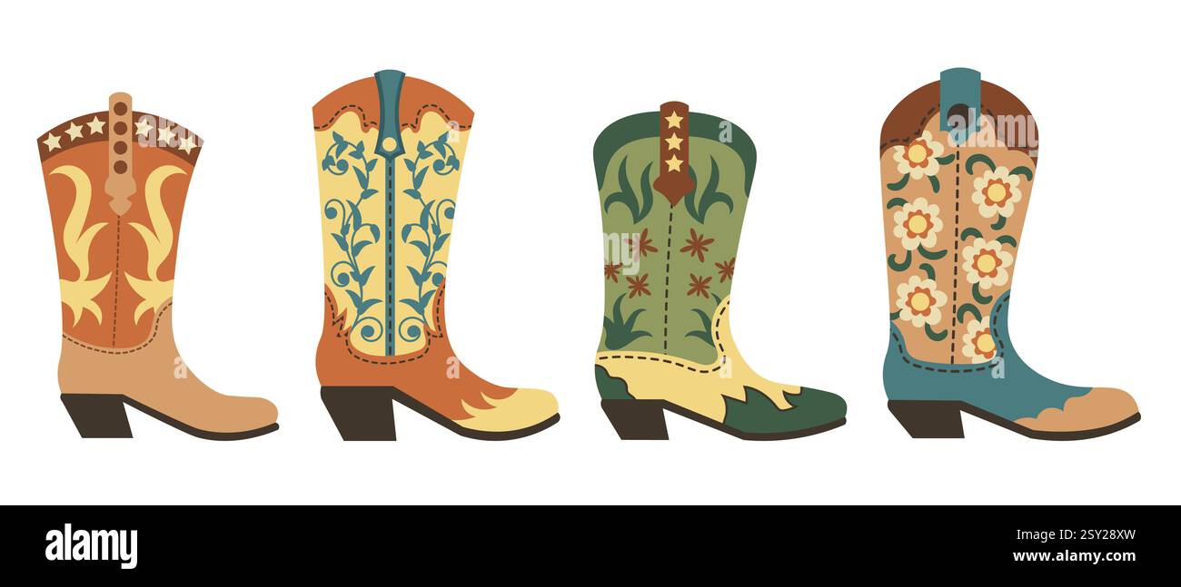 Cowgirl-Stiefel im flachen Stil. Handgezeichneter Cowboy Western und Wild West Concept. Traditionelle Schuhkollektion. Stock Vektor