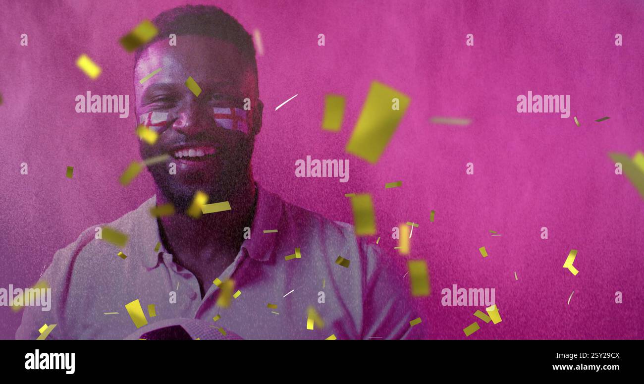 Bild von Konfetti über afroamerikanischem männlichen Unterstützer mit Fahnen von england Stockfoto