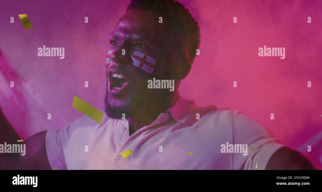 Bild von Konfetti über afroamerikanischem männlichen Unterstützer mit Fahnen von england Stockfoto