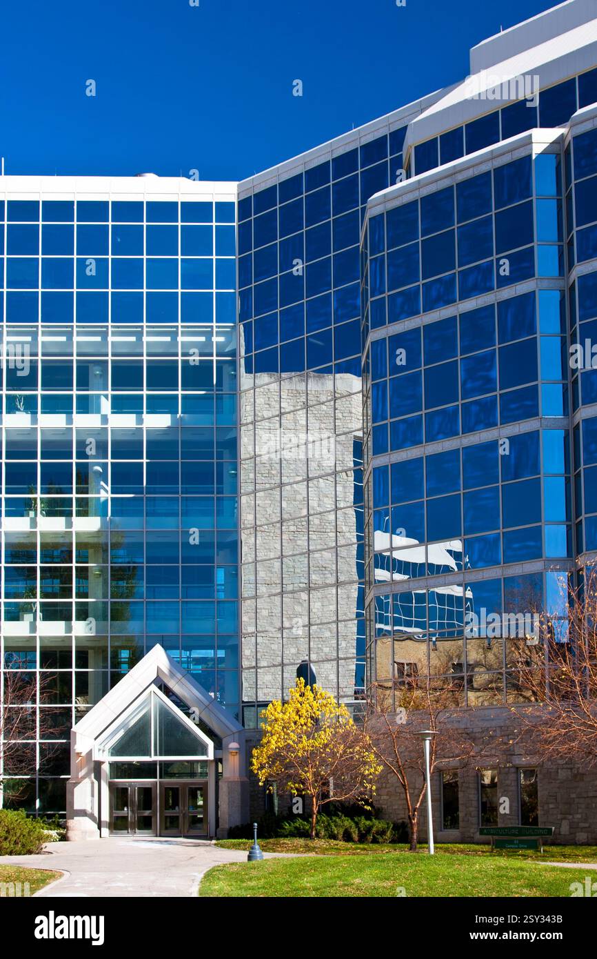 Großes Gebäude mit einer Glasfassade und einer großen Glastür. Das Gebäude ist von Bäumen und Gras umgeben Stockfoto