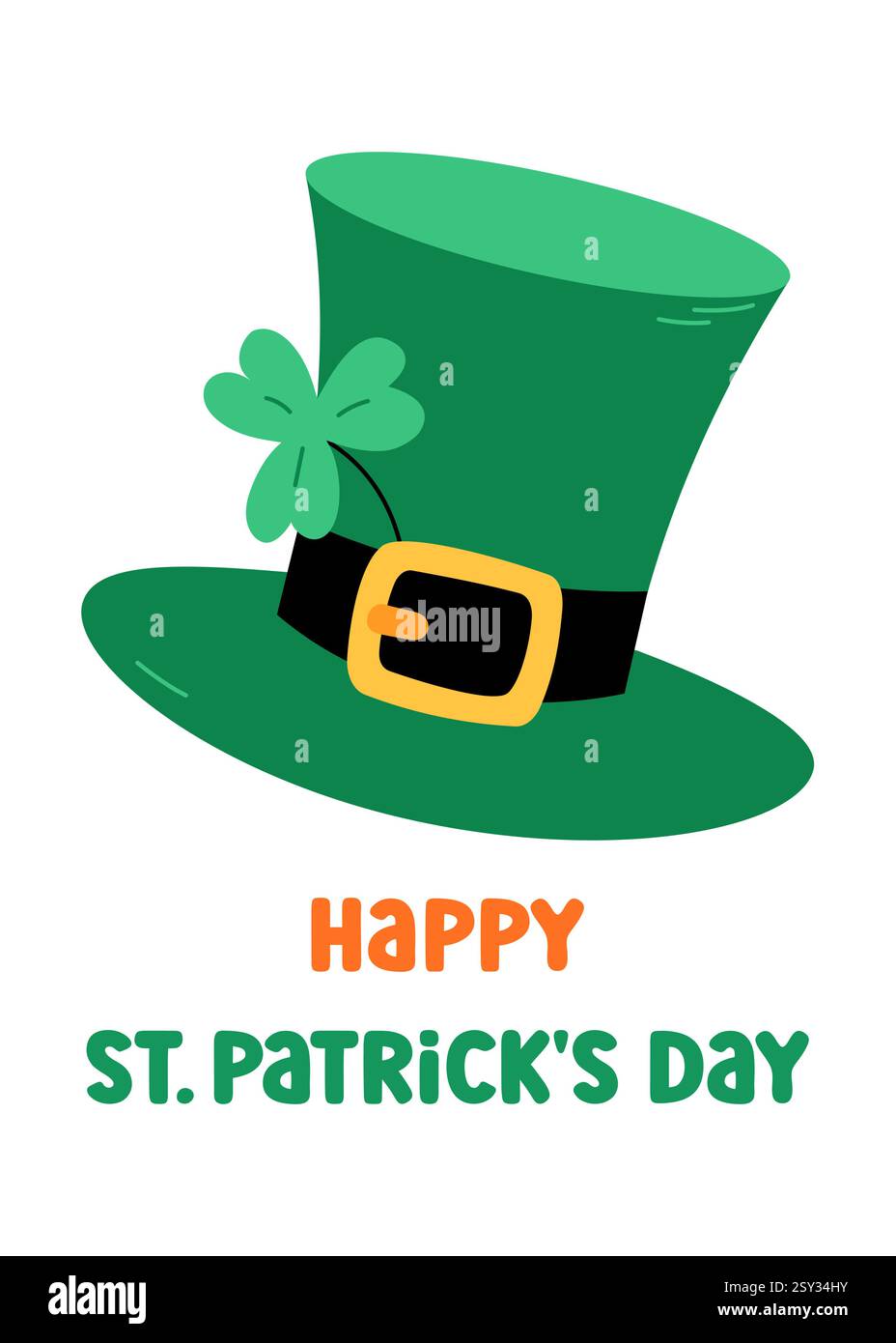St. Patricks Day Grußkarte, Vektor-Illustration. Leprechaun-Hut mit Kleeblatt und Text. Niedliche bunte Elemente in irischen Farben Grün, Orange A Stock Vektor
