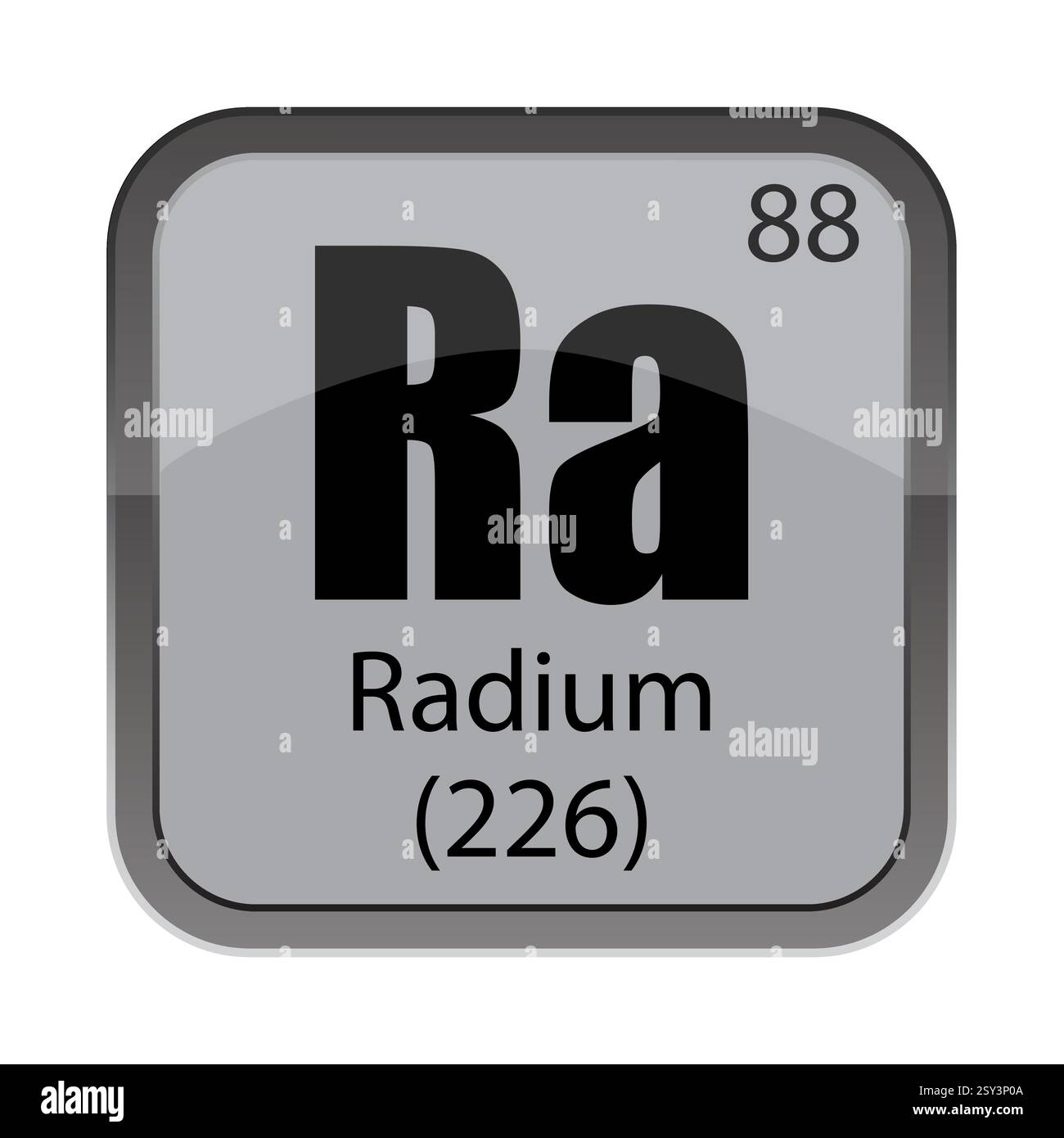 RA Radium Element aus Tabelle. Nummer 88 88 Info. Masse 226 zweihundertsechsundzwanzigster Inhalt. Radioaktiver grauer Block. Stock Vektor