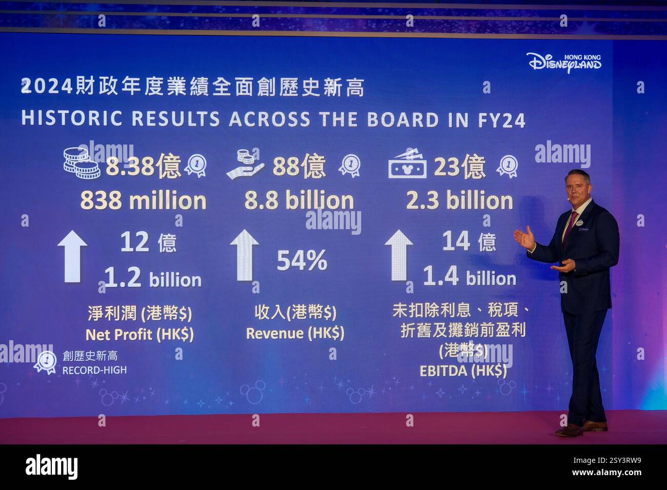 Hongkong, China, 25. Februar 2025. Michael Moriarty, Managing Director von Hong Kong Disneyland Resort, gibt am 25. Februar 2025 in Hong Kong, China, die Ergebnisse des Hong Kong Disneyland Resort für das Geschäftsjahr 2024 bekannt. Das Hong Kong Disneyland Resort verzeichnete im Geschäftsjahr 2024 einen drastischen Turnaround mit einem Nettogewinn von 838 Millionen HK$. Quelle: Chen Yongnuo/China News Service/Alamy Live News Stockfoto