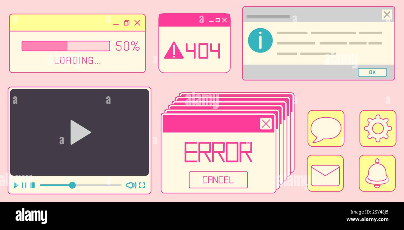 Fensteroberflächenelemente im Retro-Pastell-Stil – Fortschrittsanzeige wird geladen, Fehlermeldung 404, Info-Popup, Videoplayer, Benachrichtigungsstapel. Minimale Webschaltflächen mit Chat- und Setting-Symbolen, E-Mail- und Klingelsymbolen Stock Vektor
