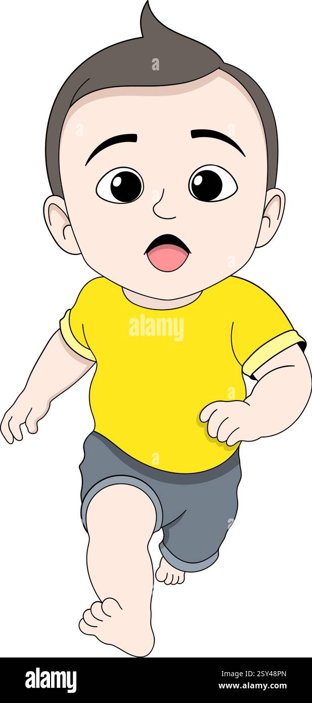 Ein entzückendes Baby, das ein gelbes T-Shirt und eine graue Shorts trägt, läuft barfuß mit einem überraschten Gesichtsausdruck Stock Vektor