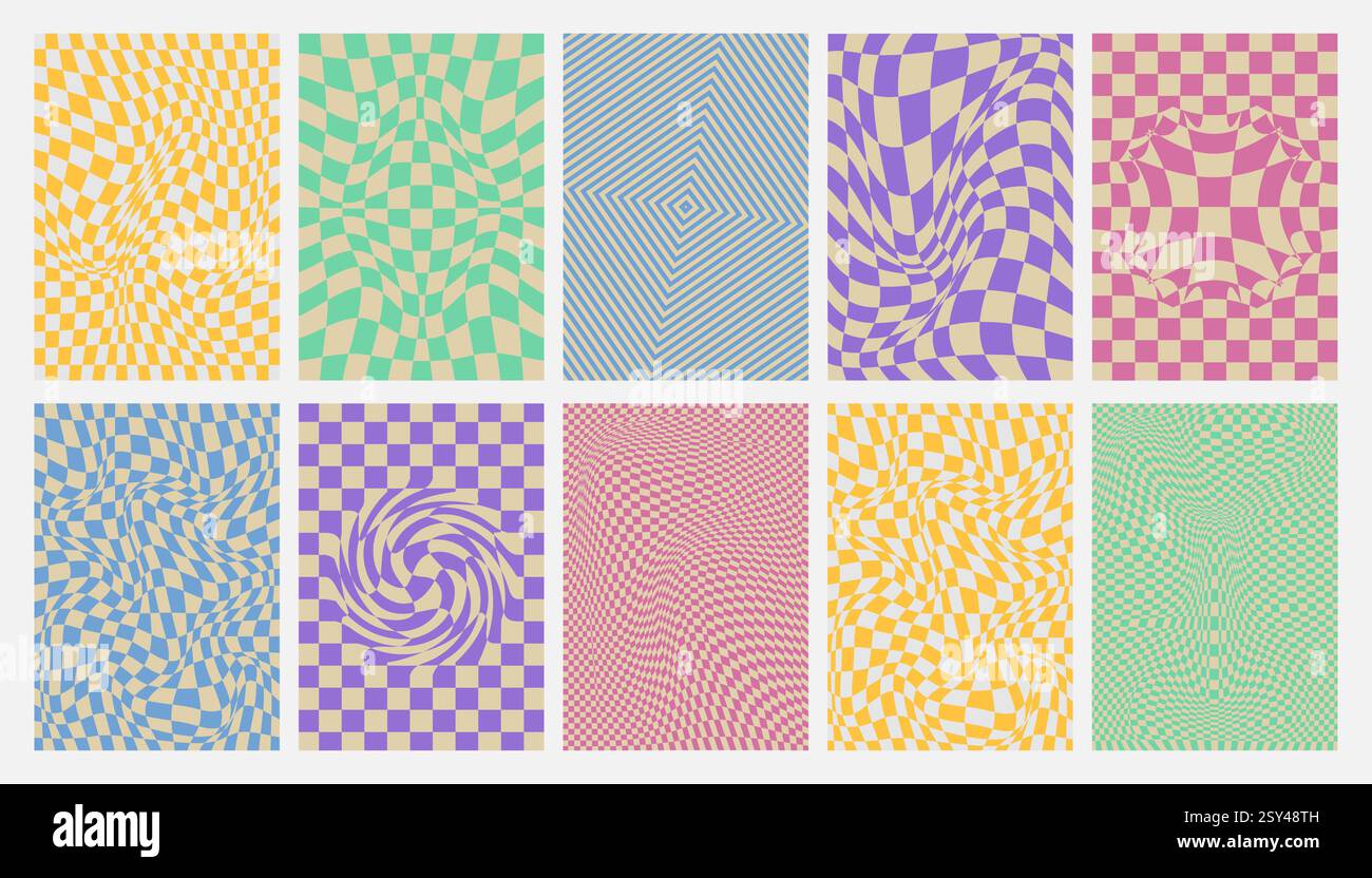 Y2K gewellte Schachbretthintergründe mit verzerrten Rastermustern. Optische Täuschungstexturen in Retro-Pastellfarben. Abstrakte, verdrehte Ornamente mit dynamischen Trippie-Effekten. Vintage-Poster mit groovigem Karomuster. Stock Vektor