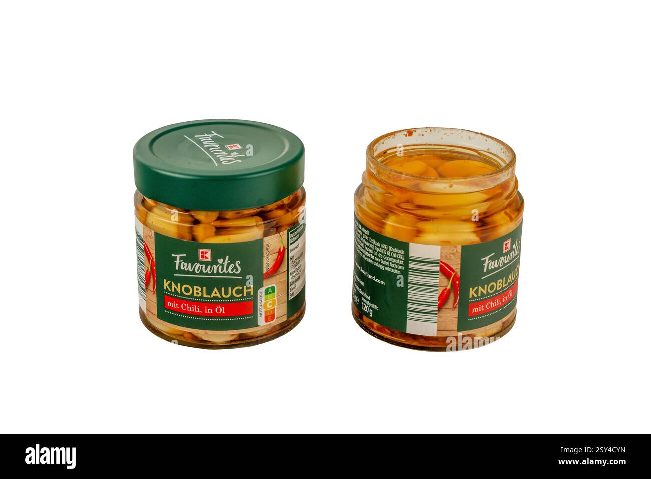 Deutschland Berlin 26. Februar 2025. Abgebildet sind zwei Gläser Knoblauch. Ein Glas ist voll und das andere offen. Ein Glas mit eingelegtem Knoblauch in Öl. Stockfoto