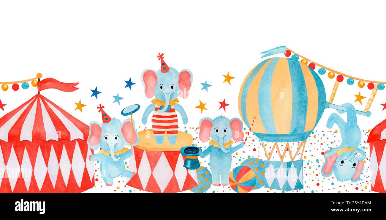 Aquarellfarben horizontaler, nahtloser Zirkus. Zelt, Elefant, Ballon mit Fahnen, Girlanden und Sternen. Handgezeichnete Illustration für Kinderzimmer, Poster, ch Stockfoto
