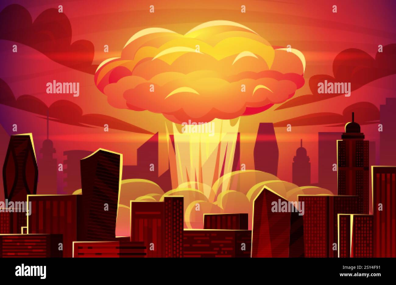 Atomexplosion in der Stadt. Atombombenexplosion Wolke Pilz Comic Hintergrund, explosiver Boom Apokalypse Schaden Gebäude Krieg Konflikt Nuke Waffe Swanky Vektor Illustration Original Artwork Stock Vektor