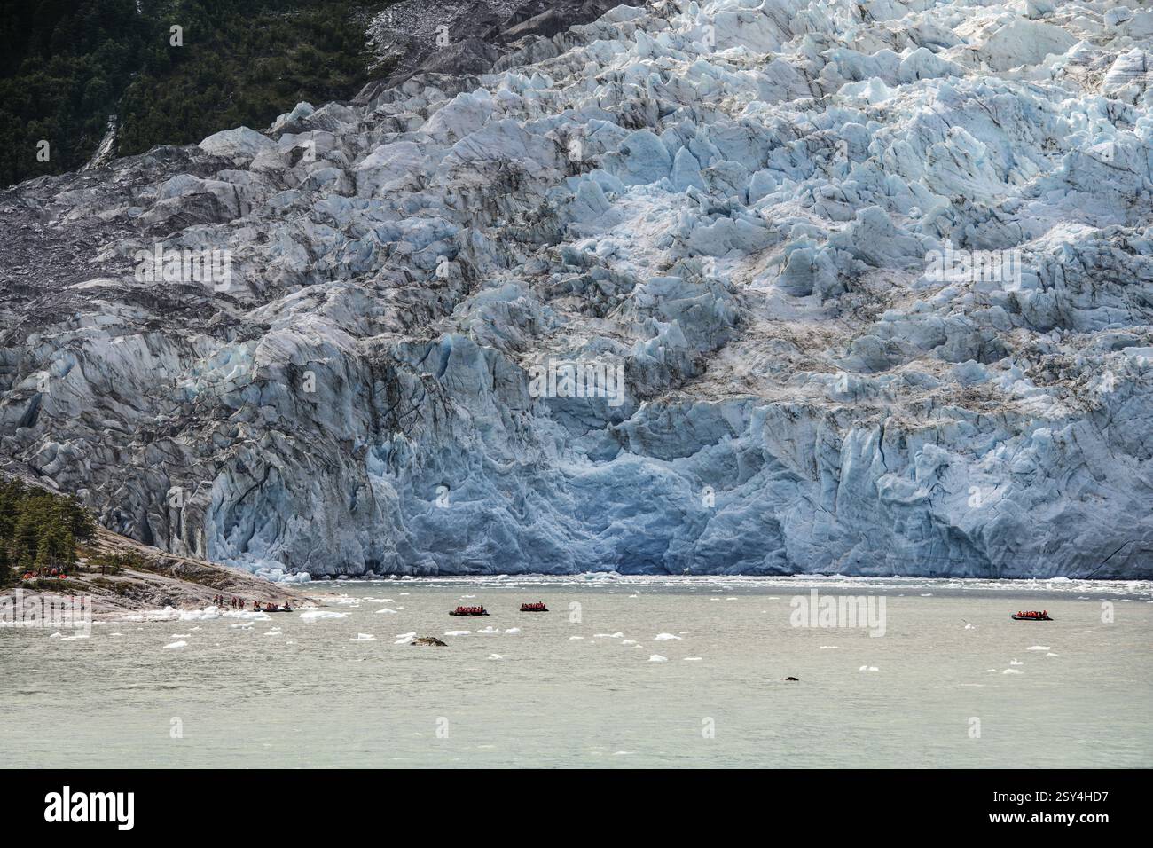 Zodiac-Ausflug rund um den Pia-Gletscher, Cordillera Darwin, nordöstliche Ausläufer des Beagle-Kanals, Feuerland, Feuerland, Patagonien Stockfoto