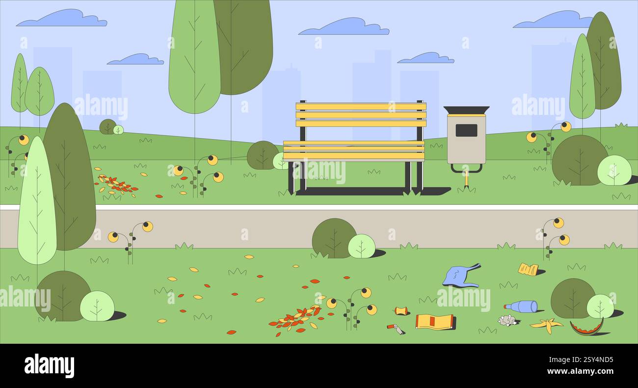 Leere Parkszene mit Holzbank, Mülleimer und verstreuten Müll flache Illustrationshintergrund Stock Vektor