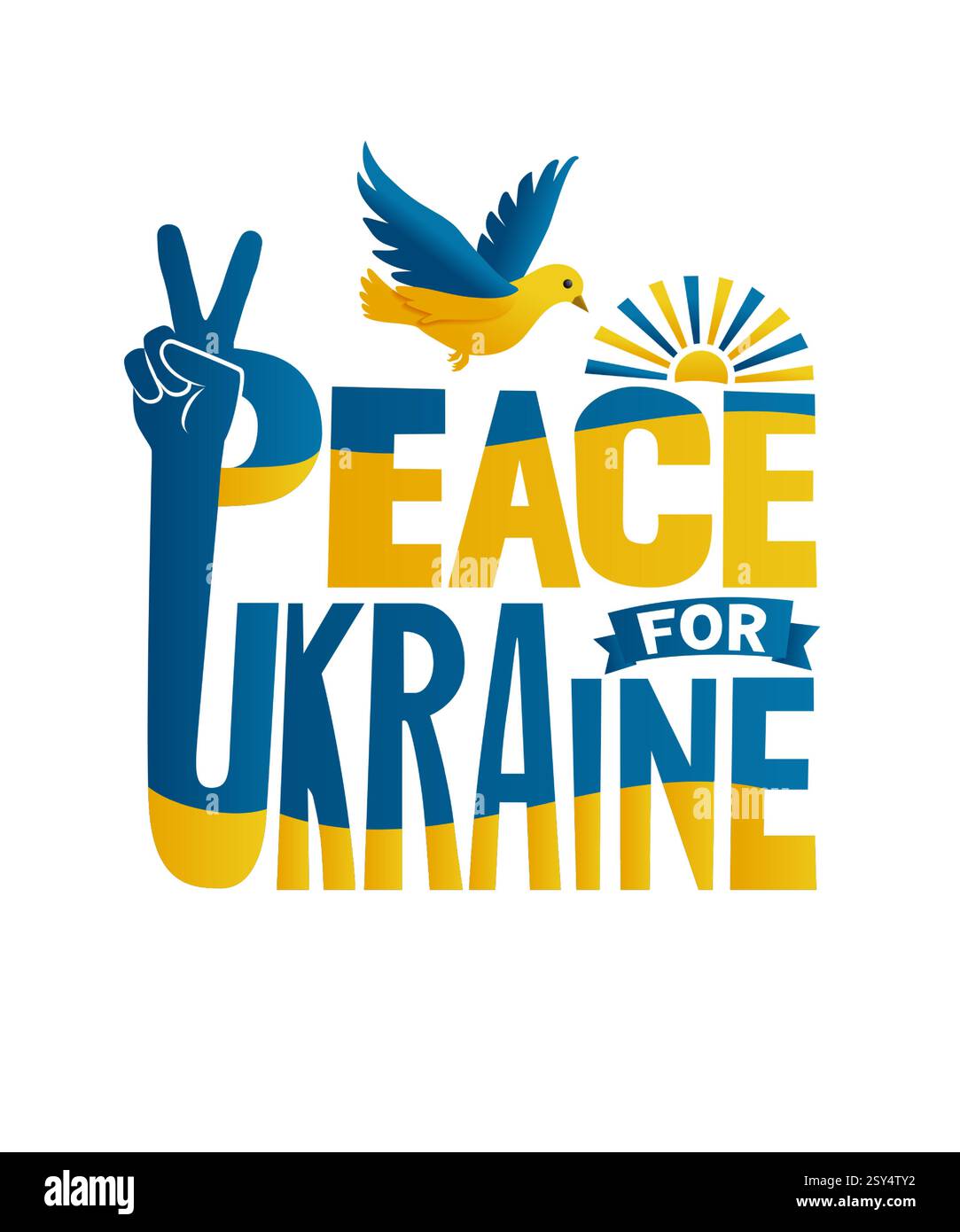 Frieden für die Ukraine, kreatives Schriftenkonzept in Nationalflaggenfarben. Frieden und Taubensymbol für T-Shirt- oder Poster-Design. Vektorabbildung Stock Vektor
