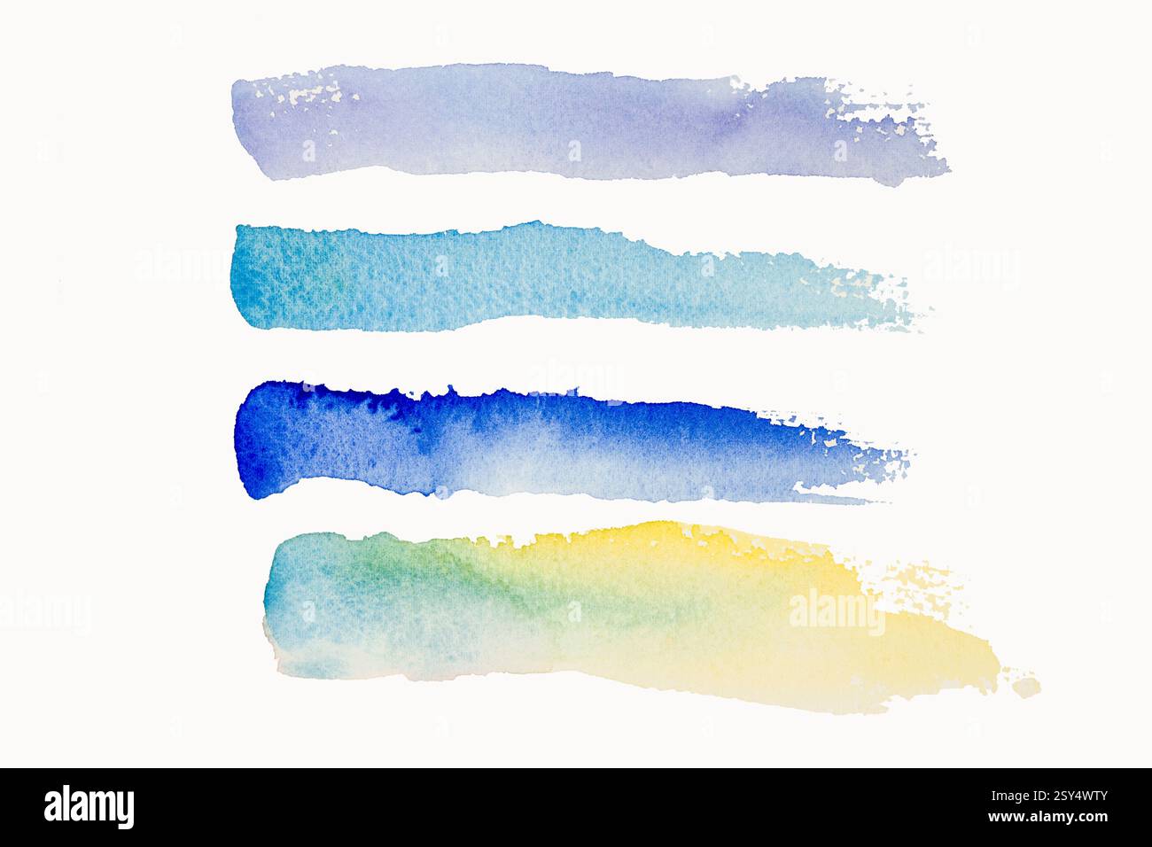 Helles Aquarellblau, gelb, lila Fleckenlinie. Abstrakte Illustration auf weißem Hintergrund. Banner für Text, Grunge-Element für Dekoration Stockfoto
