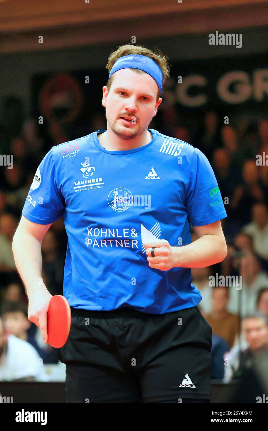 Grünwettersbach, Deutschland 25. Februar 2025: 1. TTBL - 2024/2025 - ASC Grünwettersbach vs. Borussia Düsseldorf im Bild: Punktgewinn Ricardo Walther (ASC) Ballt die Faust. Stockfoto