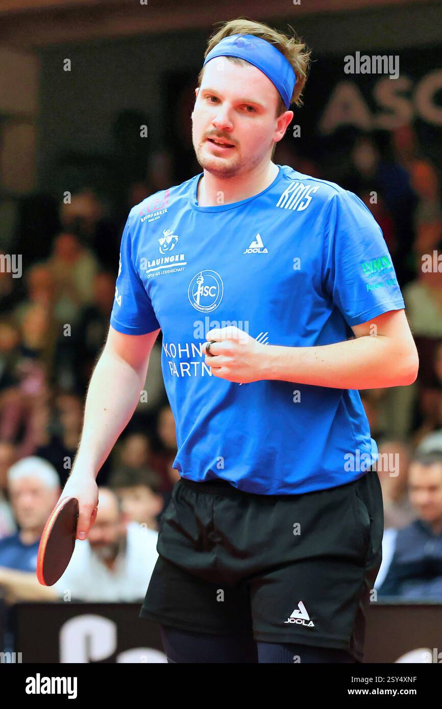 Grünwettersbach, Deutschland 25. Februar 2025: 1. TTBL - 2024/2025 - ASC Grünwettersbach vs. Borussia Düsseldorf im Bild: Ricardo Walther (ASC) ballt die Faust beim Punktgewinn. Stockfoto