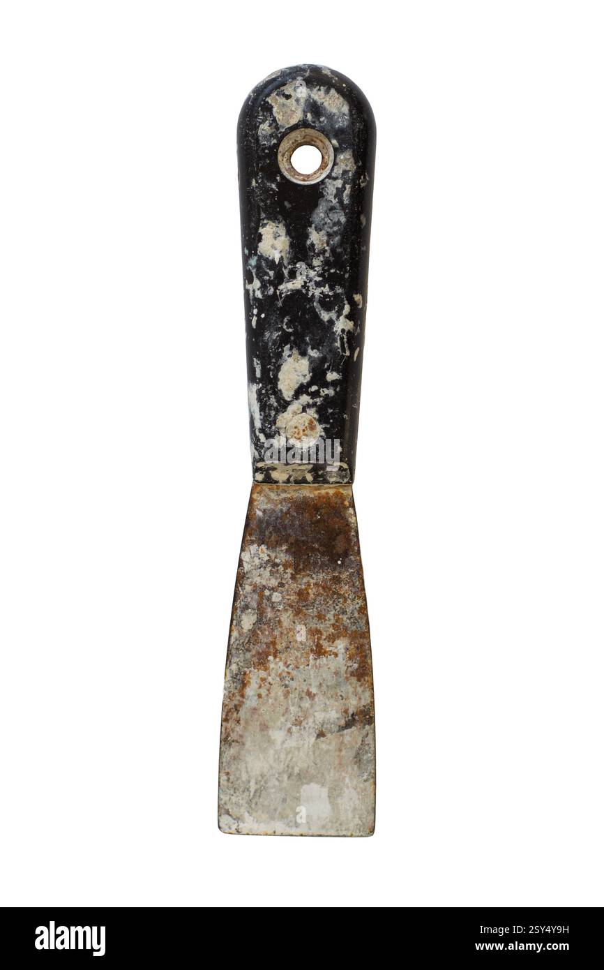 Schmutziger Bauschaber isoliert auf weißem Hintergrund. Es gibt Flecken von Gebäudemischungen darauf Stockfoto